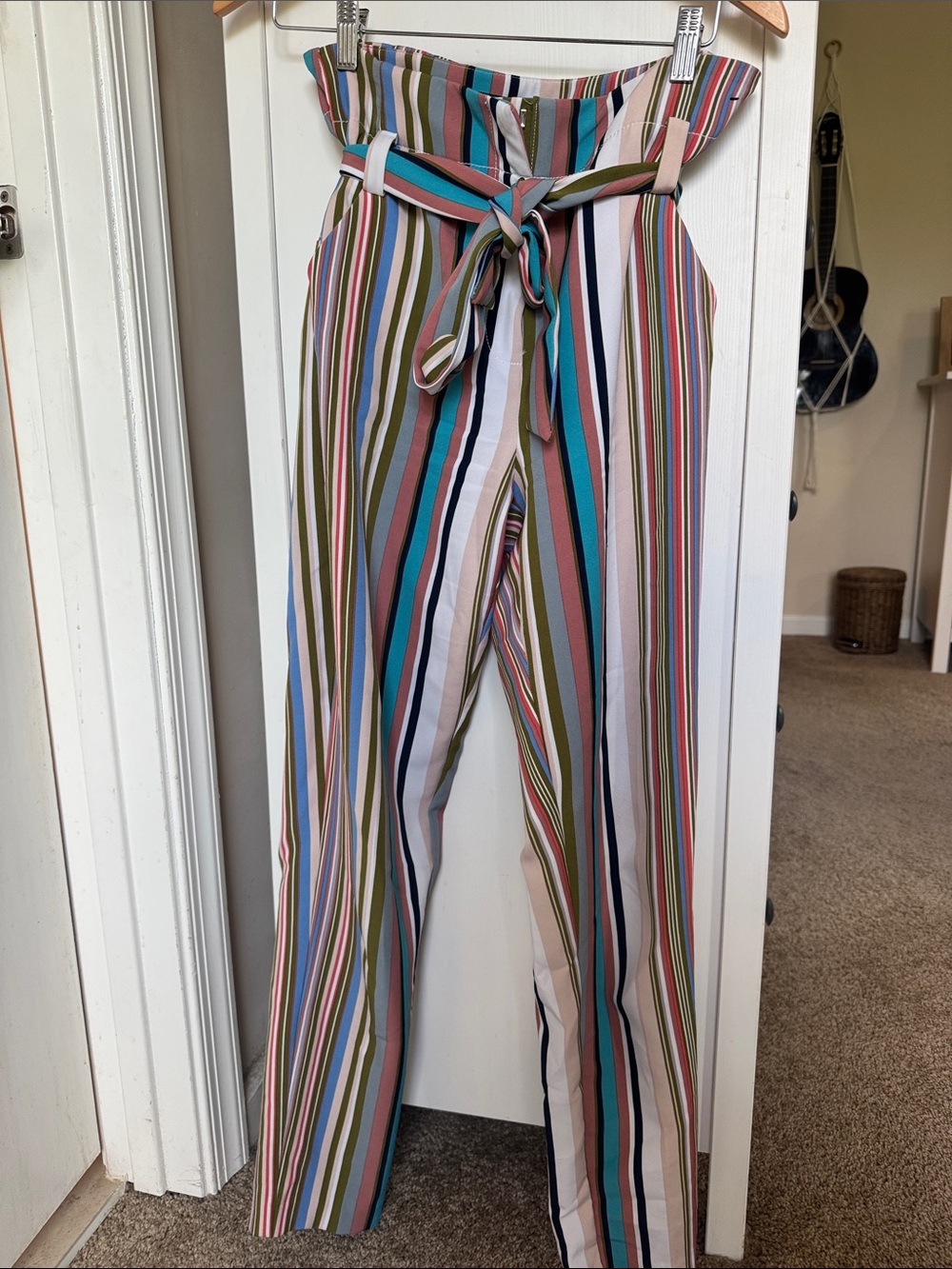 Striped High-Waist Tie Belt Pants - Multicolor Stripes